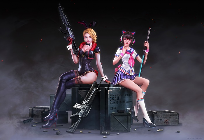 Two women with guns in bunny and schoolgirl outfits