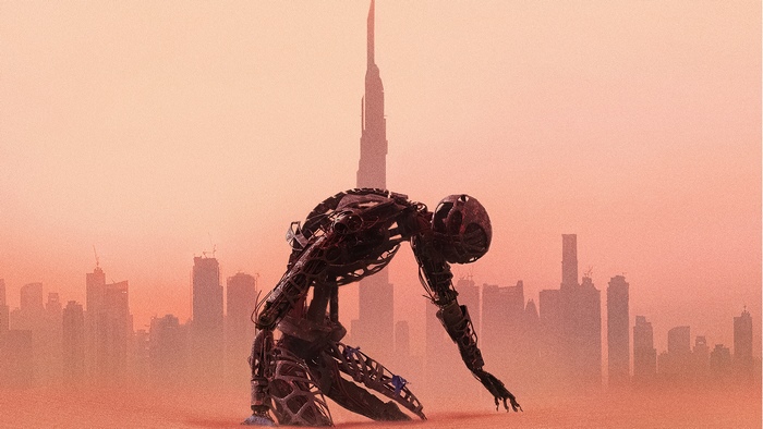 Robot from Westworld in a desolate city 4K