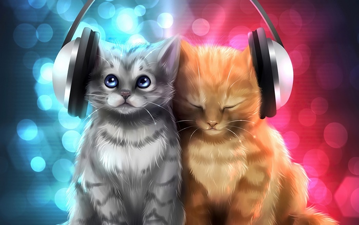 Two kittens wearing headphones listening to music