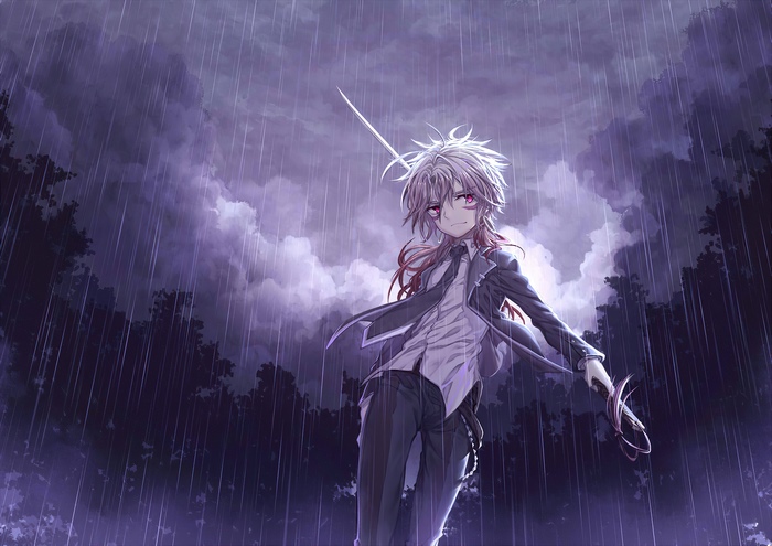 Anime boy with sword in the rain