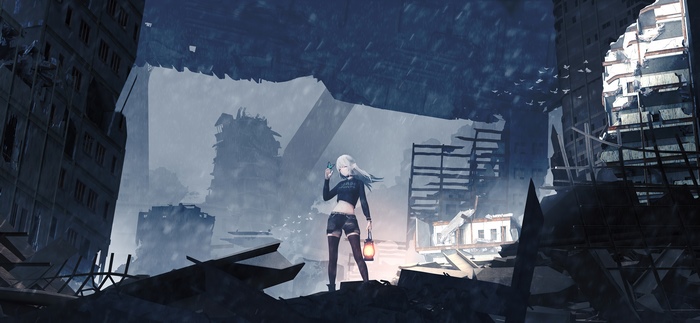 Anime girl with lantern in ruined city