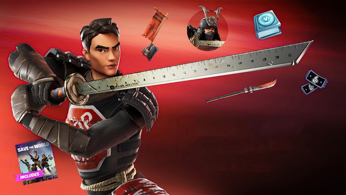 Fortnite character with ruler sword and game items