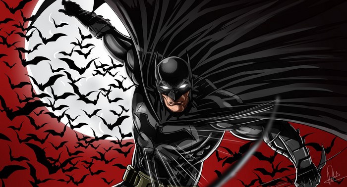 Batman in front of a full moon with bats