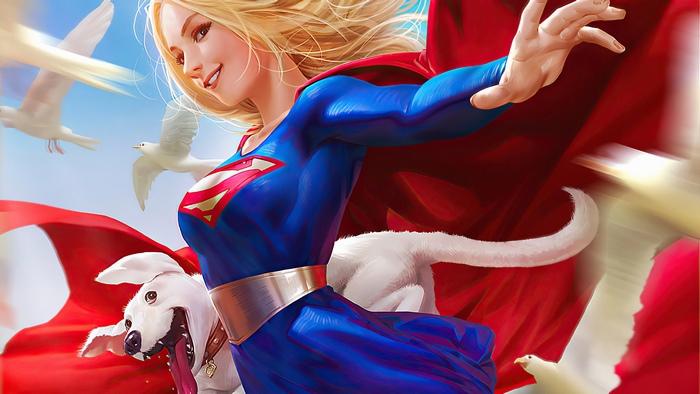 Supergirl with a dog and birds
