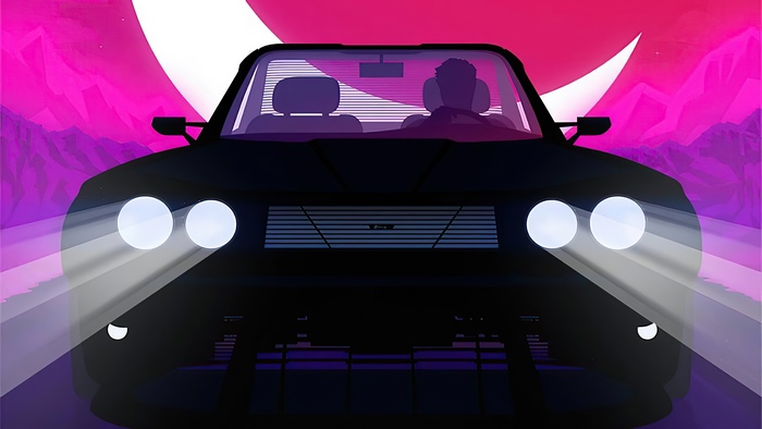 Minimalist digital art of a car driving at night