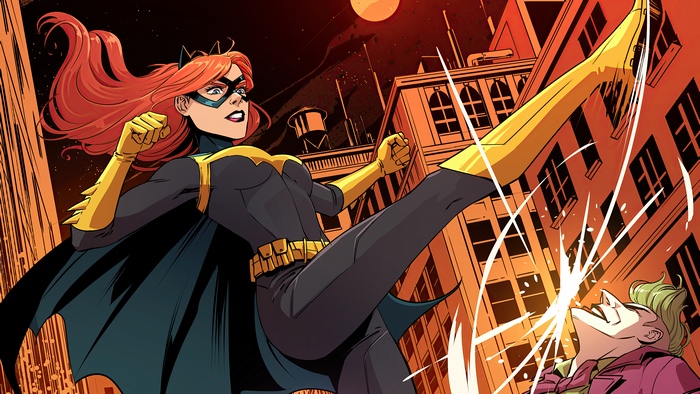 Batgirl kicking the Joker in Gotham City