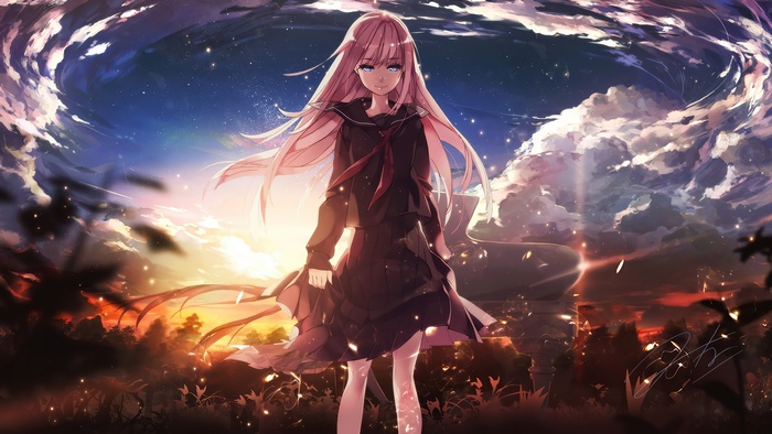 Anime girl with pink hair in a dark uniform