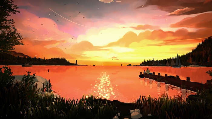Digital Art 4K Sunset Over Water with Dock