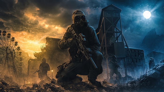 Soldier in gas mask with rifle in post-apocalyptic setting