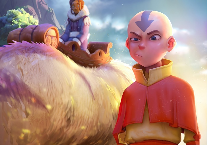 Aang and Katara from Avatar: The Last Airbender on Appa
