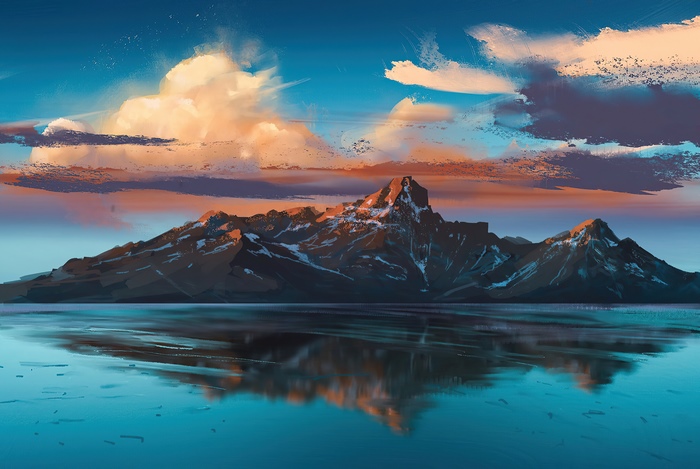 Digital art of mountains and clouds