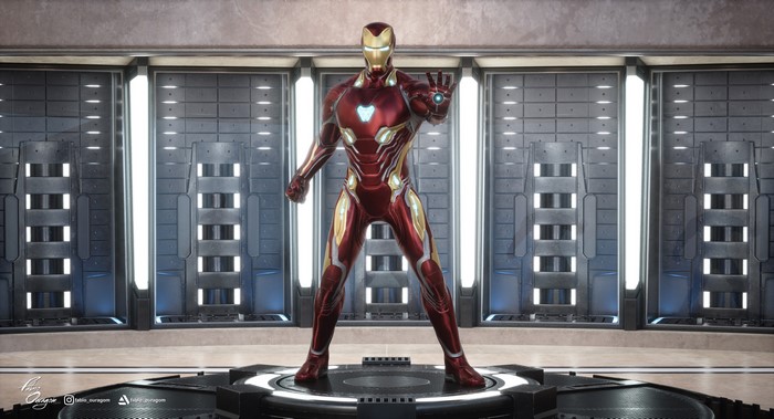 Iron Man in a futuristic chamber