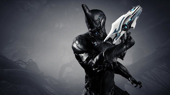 Warframe character holding a white and blue gun