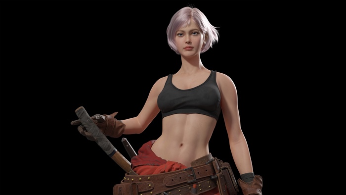 Artwork of a woman with short pink hair and a black sports bra