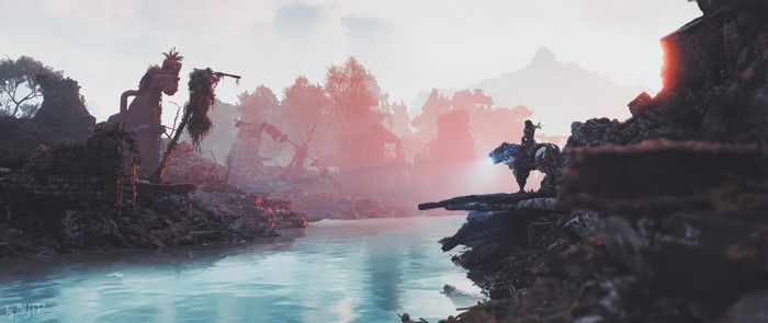 Aloy from Horizon Zero Dawn on a mechanical mount