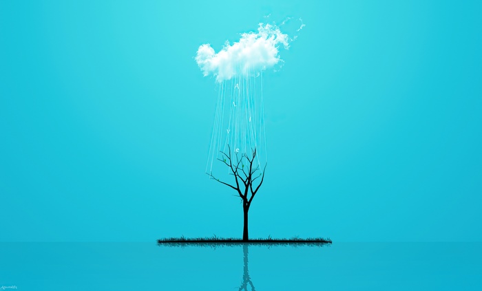 Minimalist tree with cloud and falling letters