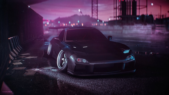 Mazda RX-7 in a neon-lit urban environment