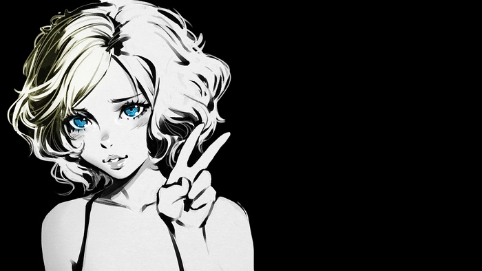 Girl with blue eyes making peace sign