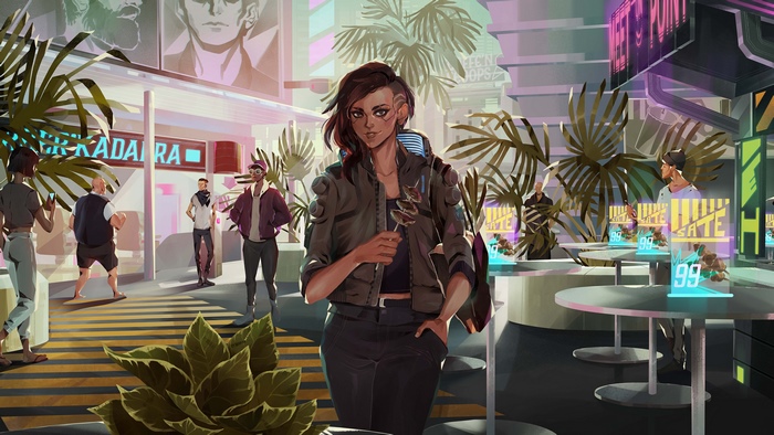 Woman holding food in a futuristic outdoor cafe