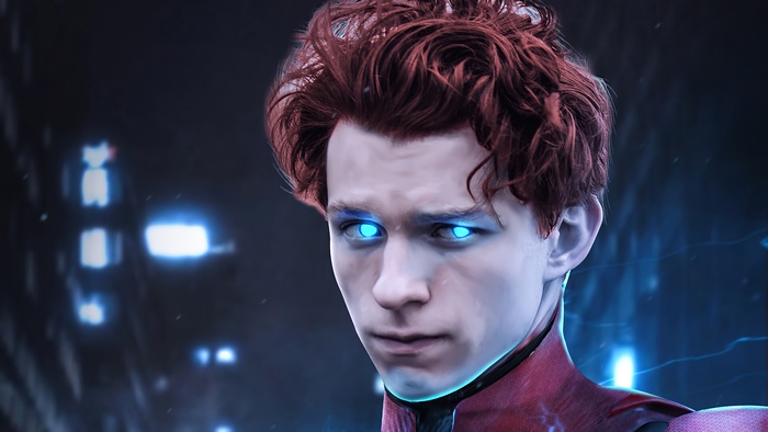 Tom Holland as Spider-Man with glowing eyes