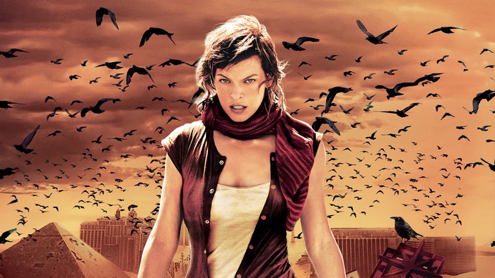 Alice from Resident Evil with birds and pyramids