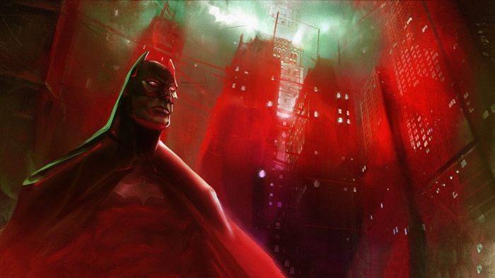 Batman in a red, foggy city