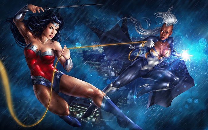 Wonder Woman and Storm fighting in the rain