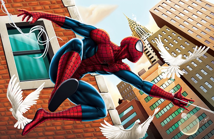 Spider-Man swinging through New York City with pigeons