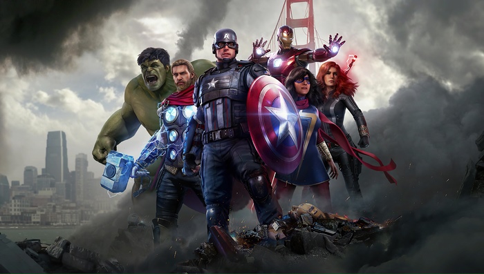 Marvel's Avengers in front of Golden Gate Bridge