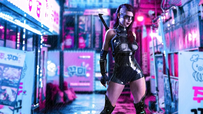 Cyberpunk woman with sword in neon city