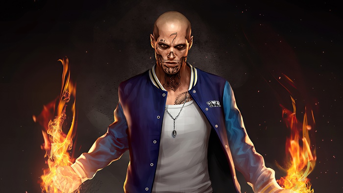 Artwork of a bald man with tattoos and flames