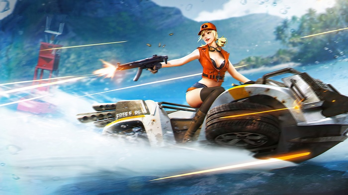Woman on a jet ski firing a gun in Garena Free Fire