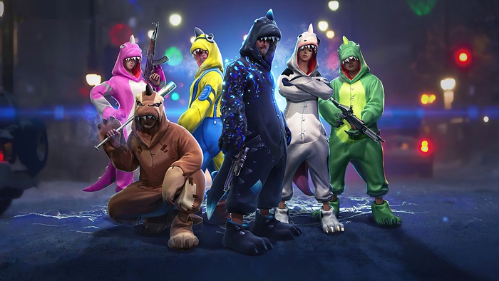 Garena Free Fire characters in dinosaur costumes