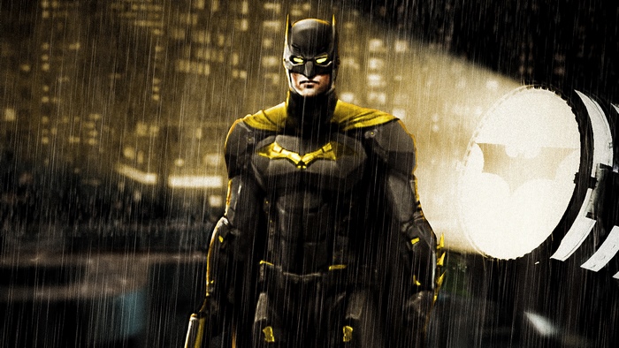 Batman in the Rain with Bat-Signal