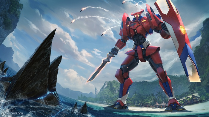 Giant red robot with sword and shield on beach
