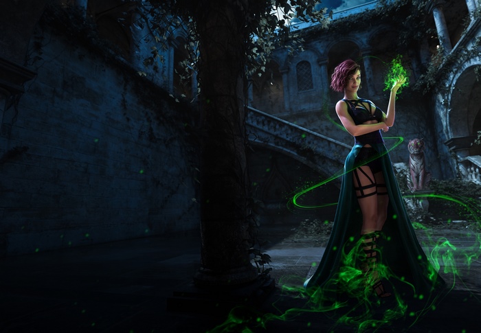 Woman casting magic in ancient ruins