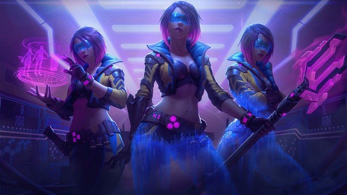 Three women in futuristic outfits with glowing effects