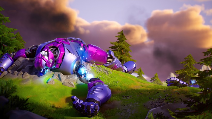 Fortnite: Giant robot lying on a grassy hill