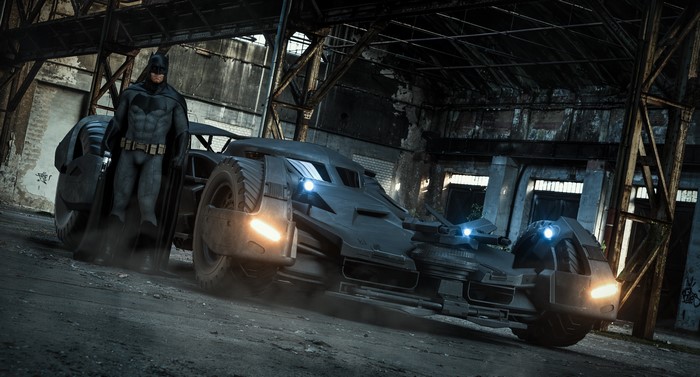 Batman and Batmobile in an abandoned warehouse