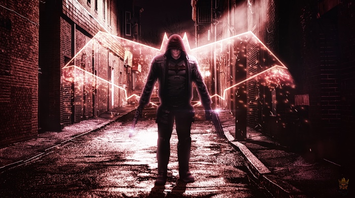 Red Hood from Gotham Knights in an alleyway