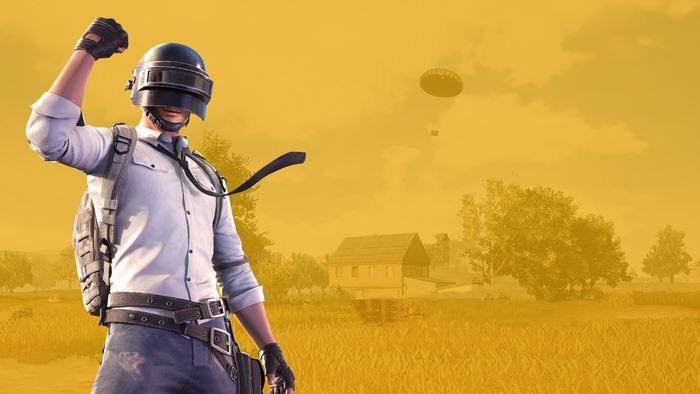 Player from PUBG with parachute in the background