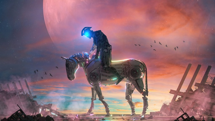 Cyborg riding a mechanical horse in a ruined landscape