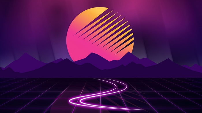 Retrowave digital art with mountains and sun