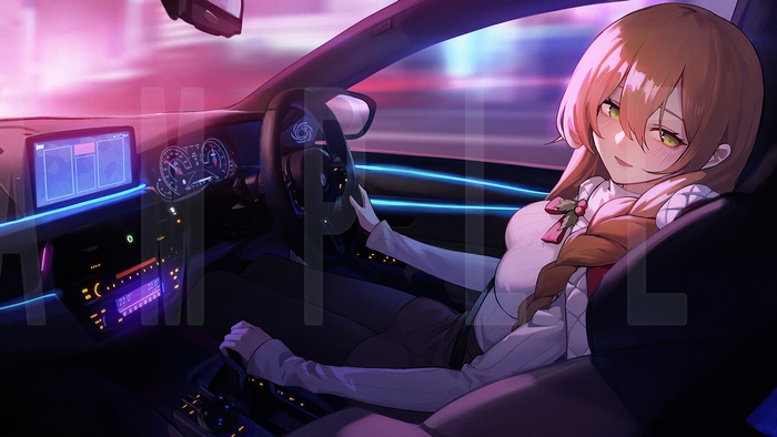 Anime girl driving a car at night