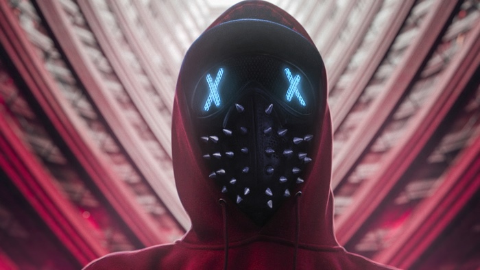 Man in a spiked mask with glowing X eyes