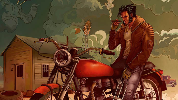 Wolverine on a motorcycle with a farmhouse and windmill