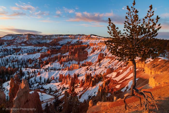 Bryce Canyon National Park in winter at sunset