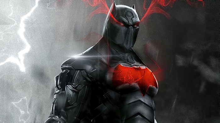 Artwork of Batman in black and red suit with lightning