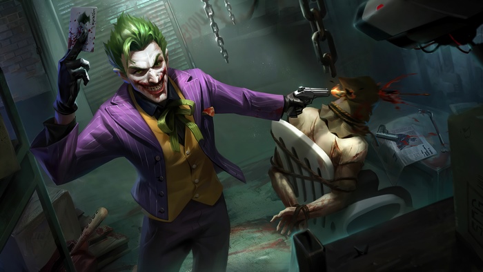 Joker holding a playing card and a gun