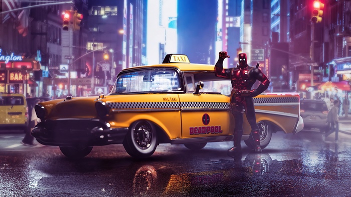 Deadpool with a vintage taxi in New York City 4K